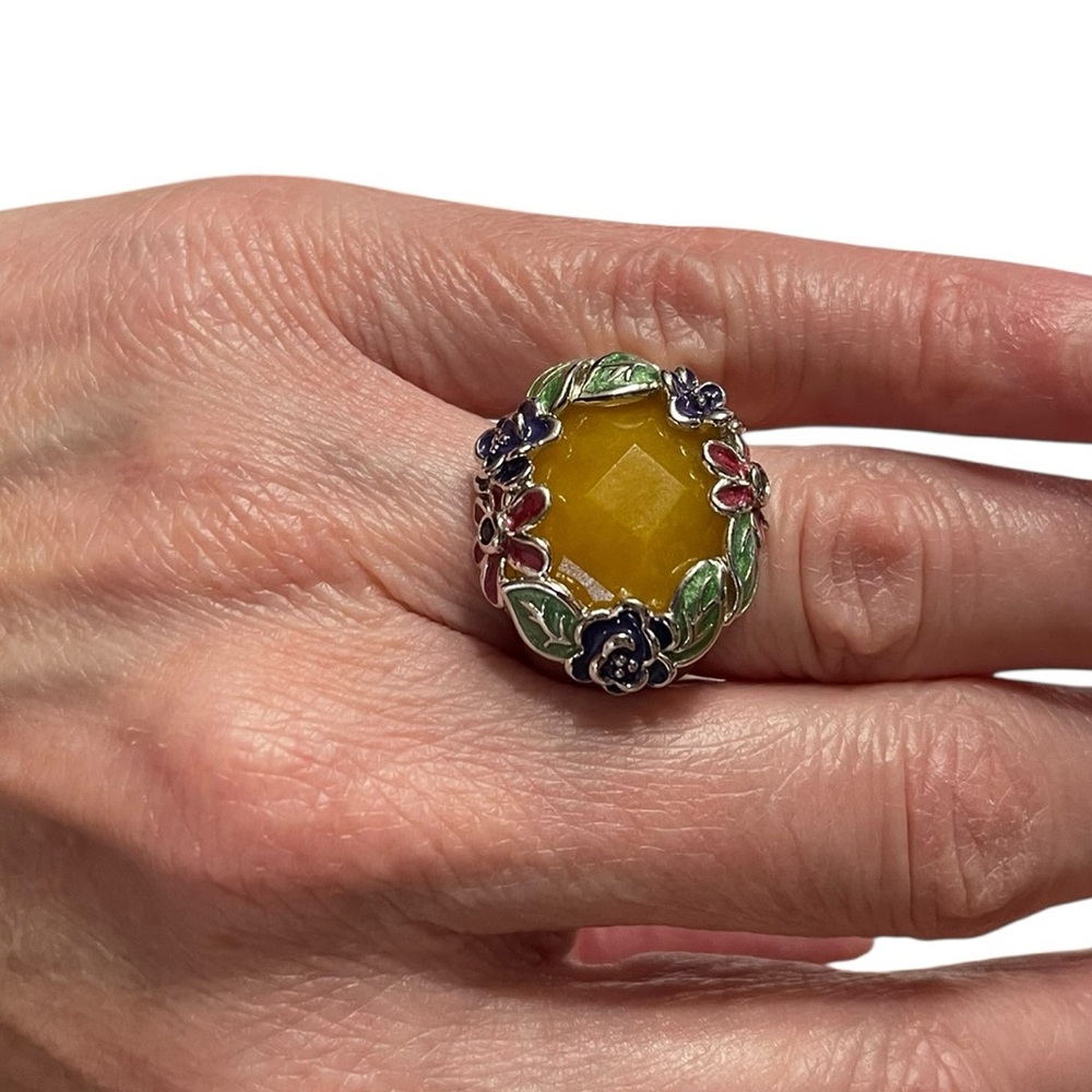Ross Simons Yellow Jade Cloisonné Floral Statement Ring – Size 6.75